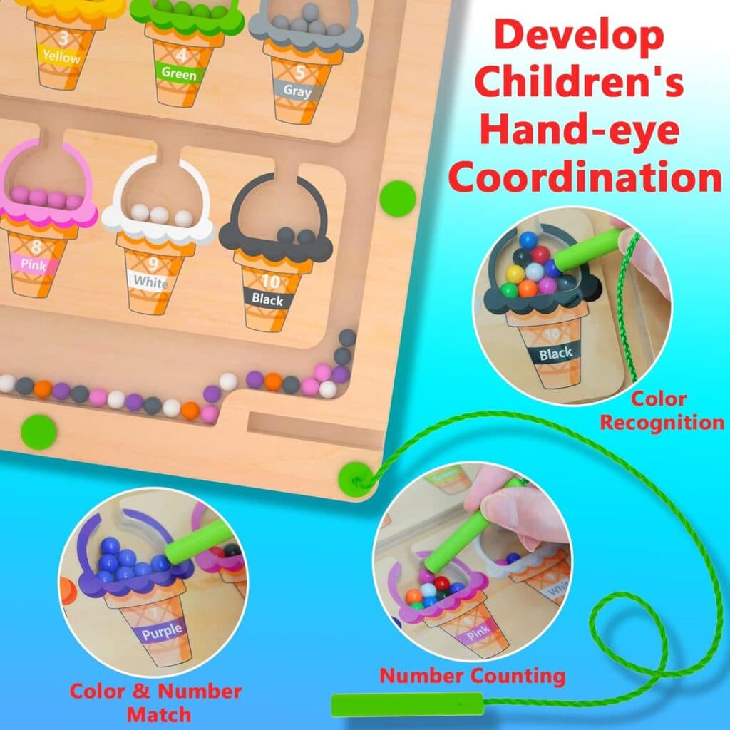 MTYOKILN Magnetic Color Number Maze - Montessori Wooden Color Matching Learning Counting Puzzle Board - Toddler Fine Motor Skills Toys for Boys Girls 3 4 5 Years Old