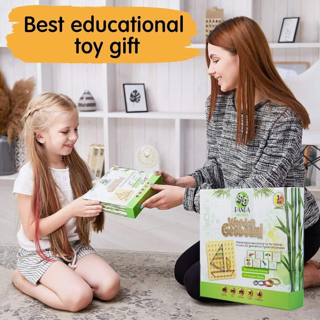 Panda Brothers Wooden Geoboard - Montessori Toys for 3 4 5 Year Old Kids and Toddlers, Educational Toy with 30 Pattern Cards and 40 Rubber Bands to Create Figures, Brain Teaser STEM Toy Geo Board