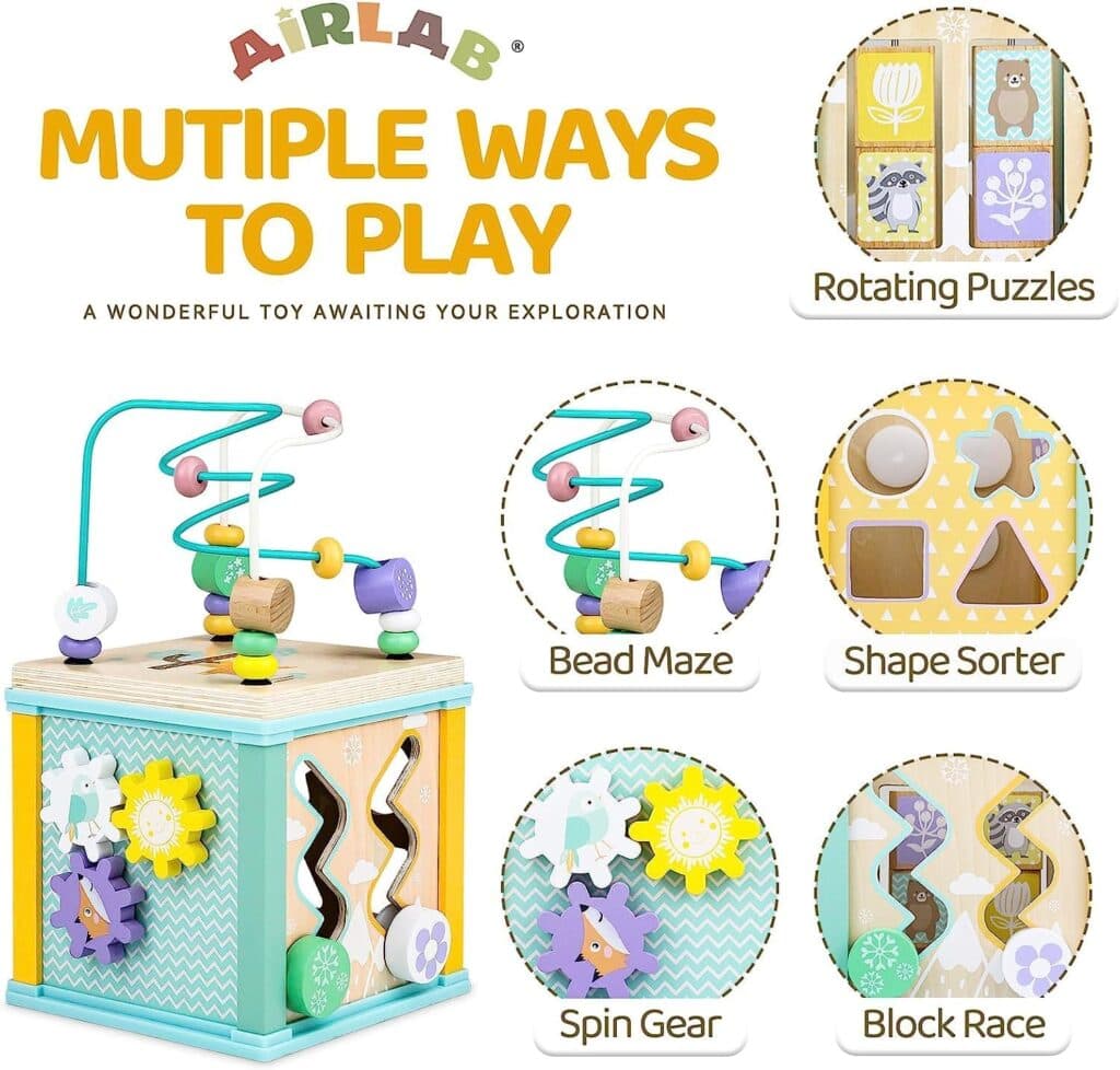 Wooden Activity Cube Montessori Toys for 12M+ Toddlers 1-3 Learning Toys for 1 + Year Old Boys Girls Baby Sensory Interactive Toys Birthday Gift