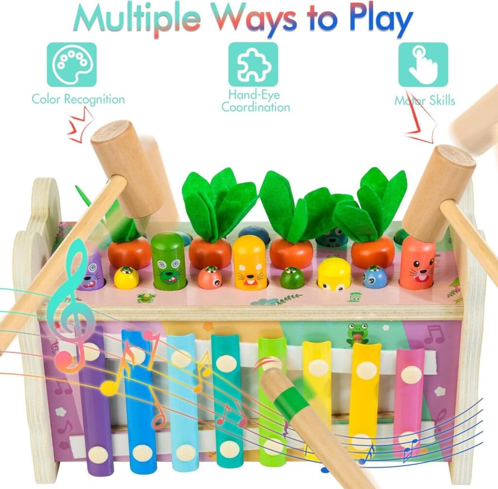 6 in 1 Wooden Montessori Toys for 1 Year Old Whack a Mole Game Hammering Pounding Toy with Xylophone Carrot Harvest Game Learning Developmental Toys Toddler Activities Gift Ages 1 2 3 4