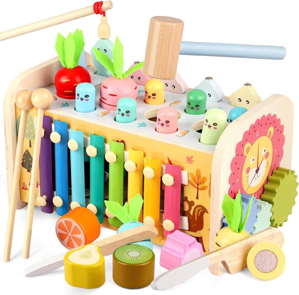9 in 1 Montessori Toys for 1 Year Old, Wooden Hammering Pounding Toy Whack A Mole Game for Toddlers with Xylophone Fishing Game Toddler Activities for Baby 1 2 3 Year Old Girl Boy Birthday Gift