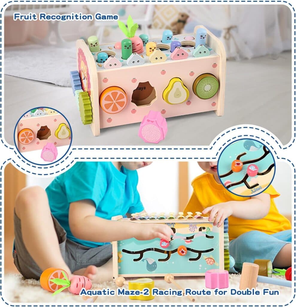 9 in 1 Montessori Toys for 1 Year Old, Wooden Hammering Pounding Toy Whack A Mole Game for Toddlers with Xylophone Fishing Game Toddler Activities for Baby 1 2 3 Year Old Girl Boy Birthday Gift