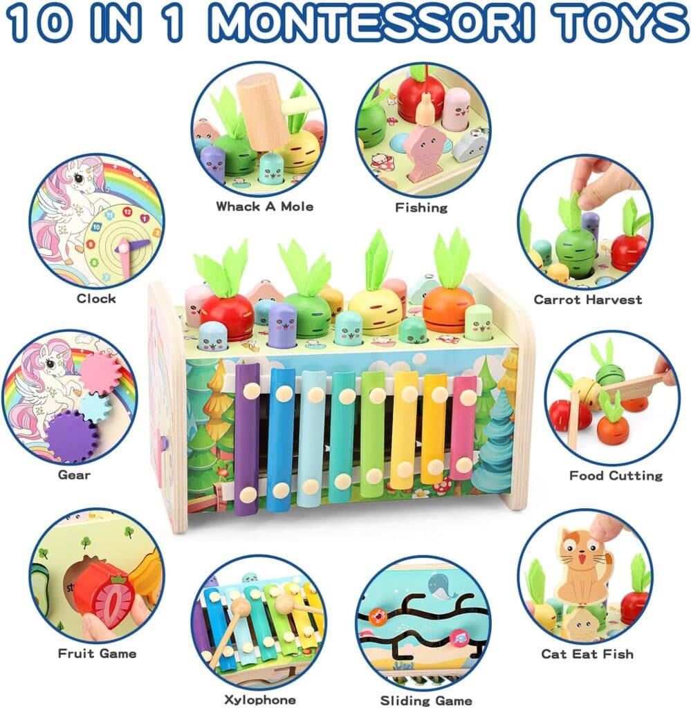 9 in 1 Montessori Toys for 1 Year Old, Wooden Hammering Pounding Toy Whack A Mole Game for Toddlers with Xylophone Fishing Game Toddler Activities for Baby 1 2 3 Year Old Girl Boy Birthday Gift