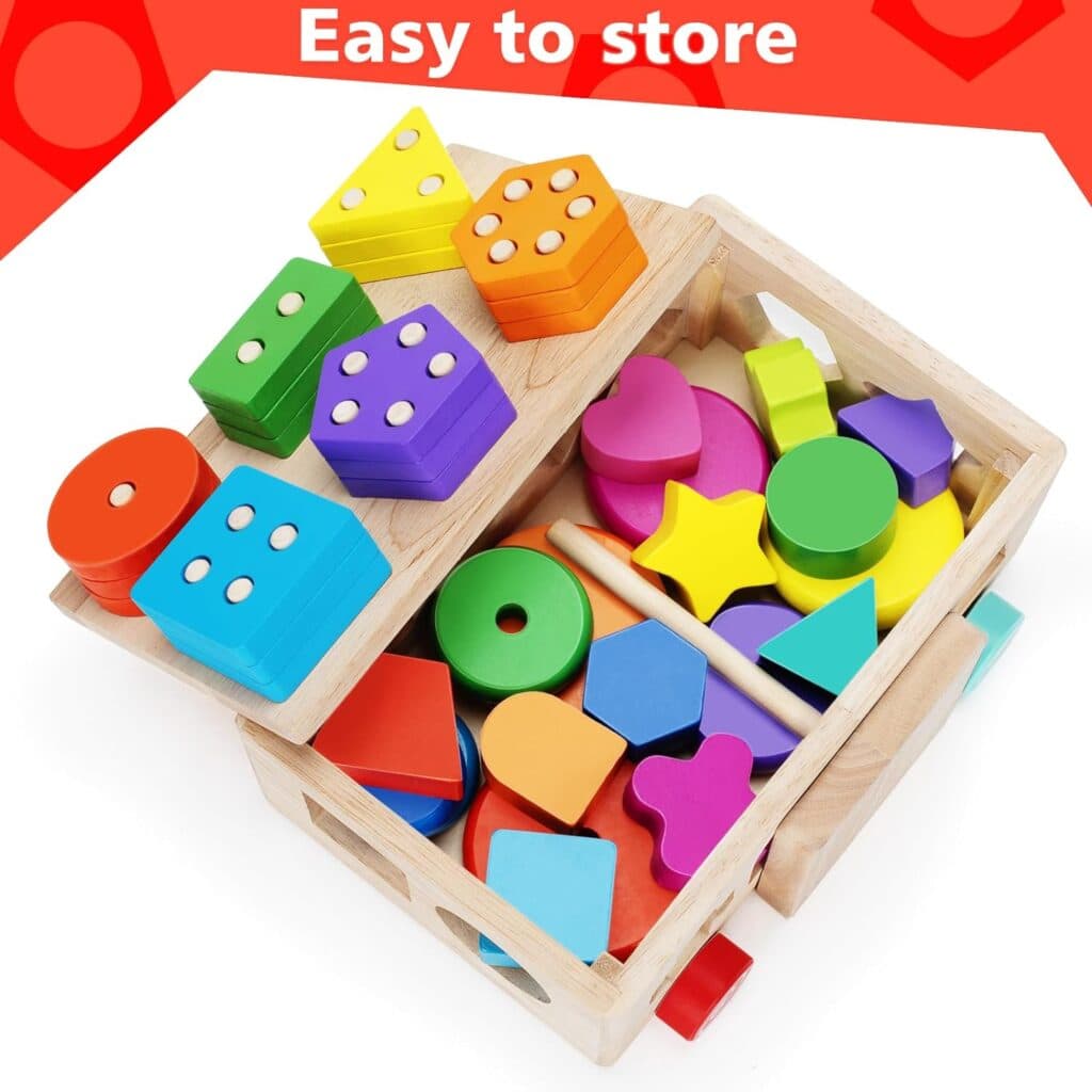 Aigybobo Montessori Toys for 1 Year Old, Baby Toy 12-18 Months, Wooden Shape Sorting Ring Stacking Toys for Toddlers and Kids Preschool, Ideal Gift for Boys Girls 1 2 3 (Wooden Cart+Ring Stacker)