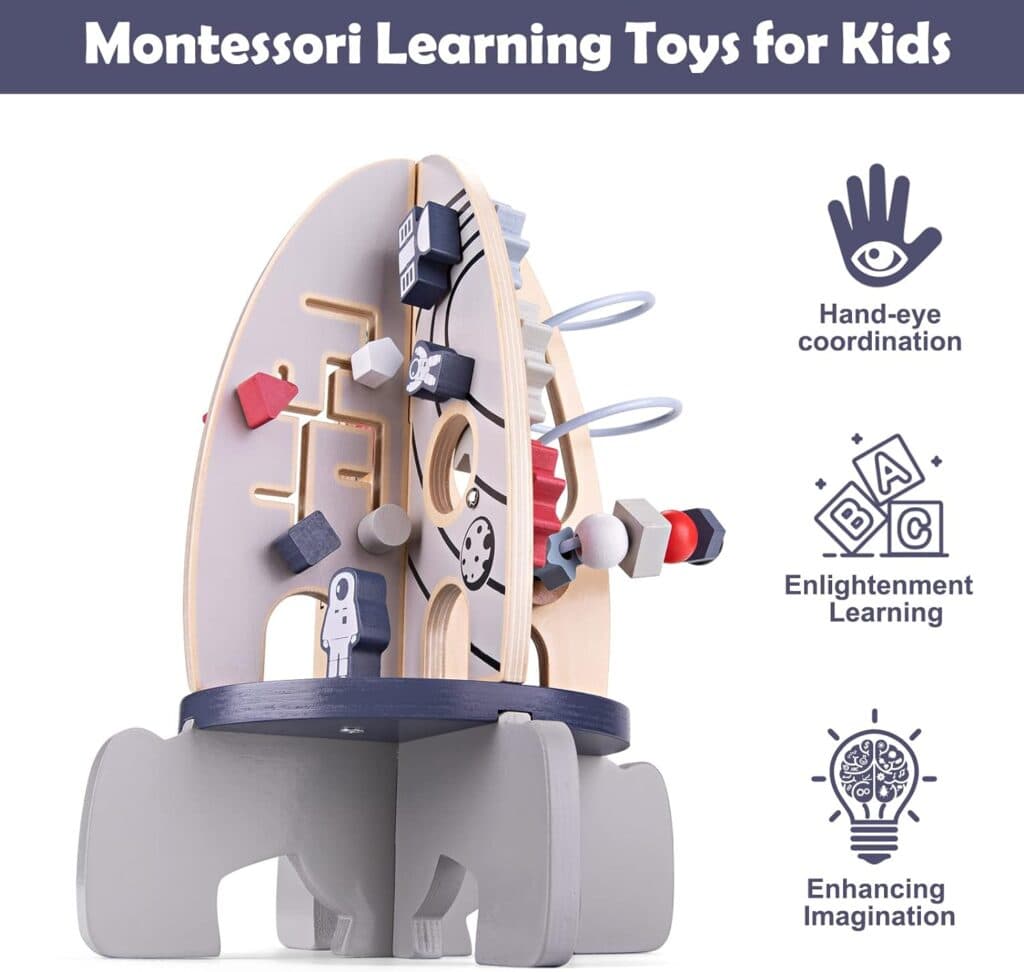 Ancaixin Wooden Toys Activity Cube, Space Themed Toys for Toddlers 1-3, Baby Montessori Toy Rocket Cube, Bead Maze, STEM Developmental Birthday Gifts for 1 Year Old Boy and Girl