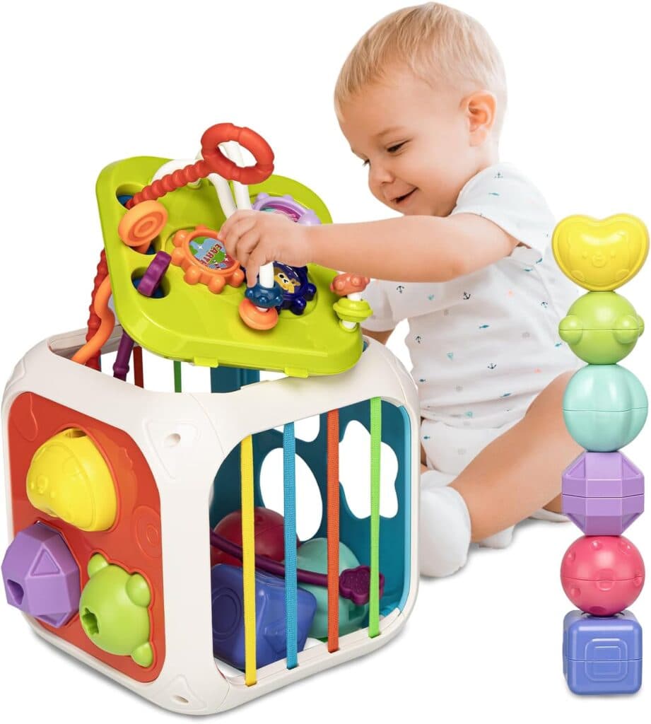 Aprilwolf Montessori Toys for Toddlers 1 Years, 7-in-1 Activity Cube, Shape Sorter Toy| Baby Developmental Learning Toys| One Year Old First Birthday Gifts