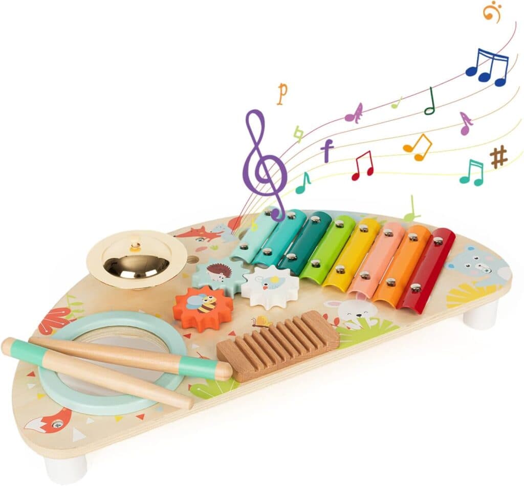 Baby Toys Musical Instruments, Rundad All-in-one Wooden Montessori Musical Set for 12Y (Includes Xylophone Drum Cymbal Guiro Gears), Gifts for 1+ Year Old Girl Preschool