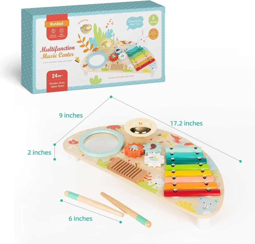 Baby Toys Musical Instruments, Rundad All-in-one Wooden Montessori Musical Set for 12Y (Includes Xylophone Drum Cymbal Guiro Gears), Gifts for 1+ Year Old Girl Preschool