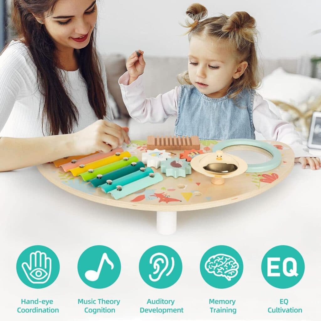 Baby Toys Musical Instruments, Rundad All-in-one Wooden Montessori Musical Set for 12Y (Includes Xylophone Drum Cymbal Guiro Gears), Gifts for 1+ Year Old Girl Preschool