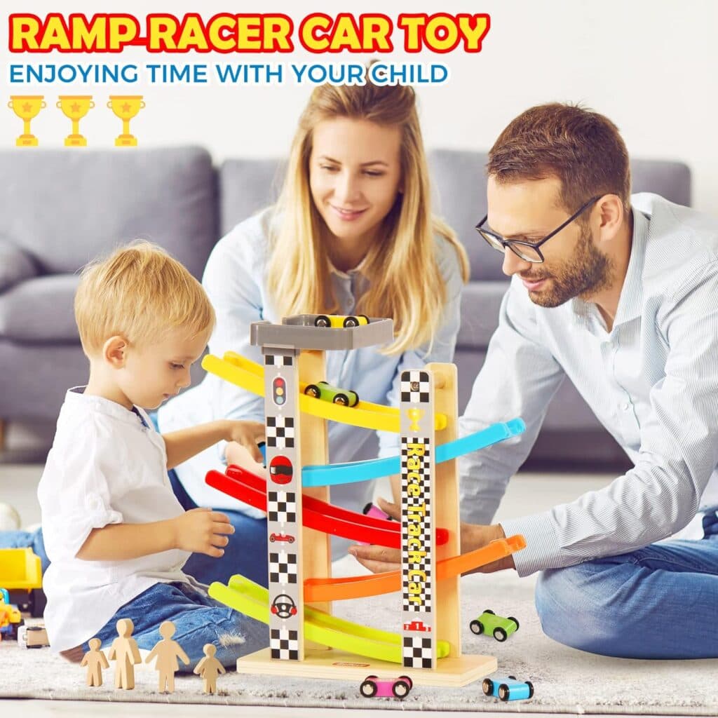 Belleur Montessori Toy for 1-3 Years Old Boys and Girls, Kid Wooden Race Track Car, Toddler Ramp Racer Set with 5 Mini Cars 5 Ramps, Perfect for Babies Birthday Gifts, Visit Gifts