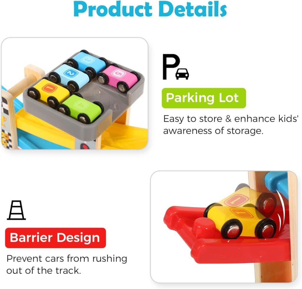 Belleur Montessori Toy for 1-3 Years Old Boys and Girls, Kid Wooden Race Track Car, Toddler Ramp Racer Set with 5 Mini Cars 5 Ramps, Perfect for Babies Birthday Gifts, Visit Gifts