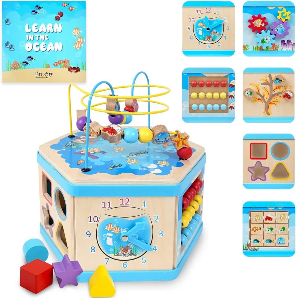 Brcgo Baby Activity Cube, Wooden Developmental Toddler Educational for 1 Year Old Boys Girls Gift Toys,Montessori Learning Toy for 12Months and up Kids with Bead Maze for First Birthday Gift