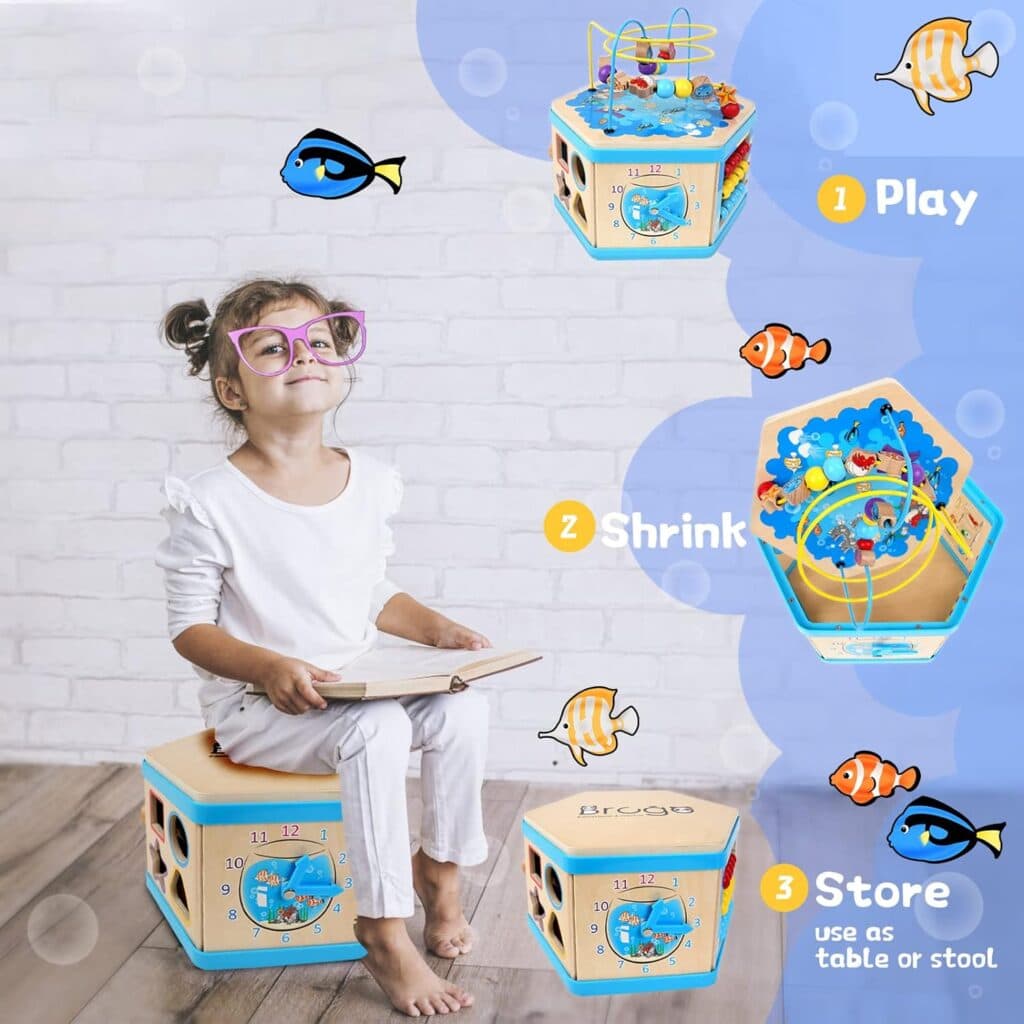 Brcgo Baby Activity Cube, Wooden Developmental Toddler Educational for 1 Year Old Boys Girls Gift Toys,Montessori Learning Toy for 12Months and up Kids with Bead Maze for First Birthday Gift