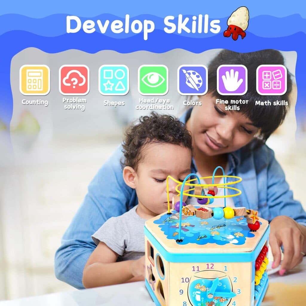 Brcgo Baby Activity Cube, Wooden Developmental Toddler Educational for 1 Year Old Boys Girls Gift Toys,Montessori Learning Toy for 12Months and up Kids with Bead Maze for First Birthday Gift