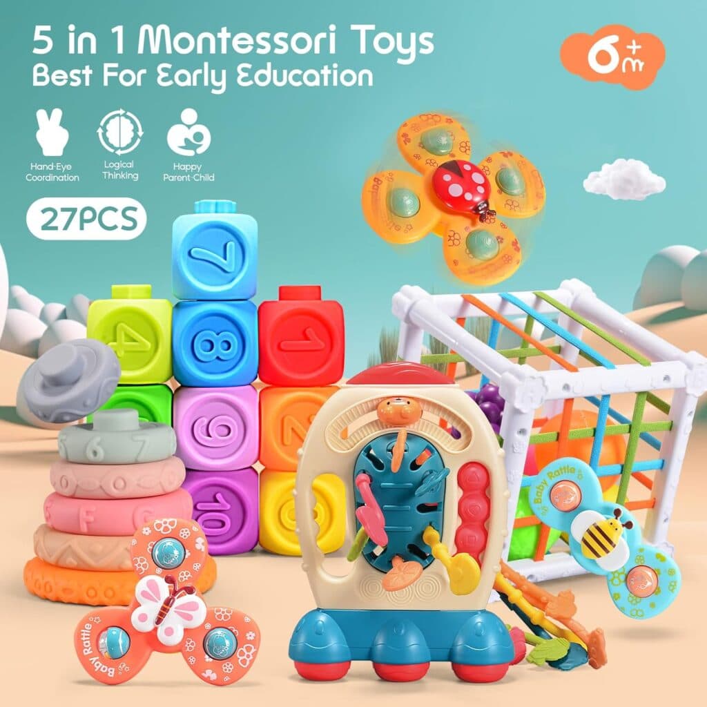 Hamiface 5 in 1 Baby Montessori Toys Set 6 Months and Up Toddler Toys Including Baby Blocks, Pull String Toy, Soft Stacking Rings, Sensory Toys for 1 2 3 4 5 6 Year Old Boys Girls