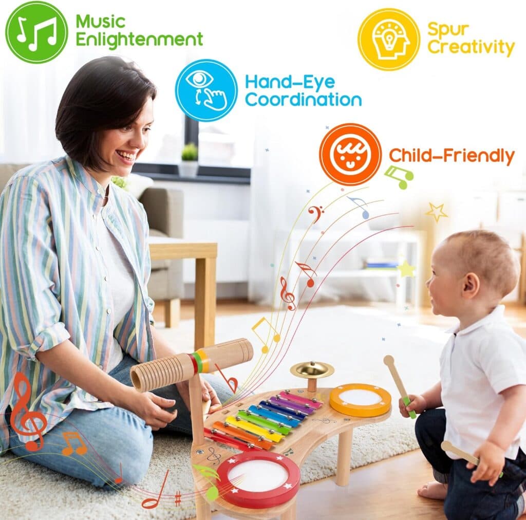 JUSTWOOD Baby Drum Set, Montessori Musical Instruments for Toddlers 1-3, All in 1 Wooden Percussion Xylophone Toddler Drum, Educational Sensory Musical Toys Birthday Gift for 3 Year Old Boys and Girls