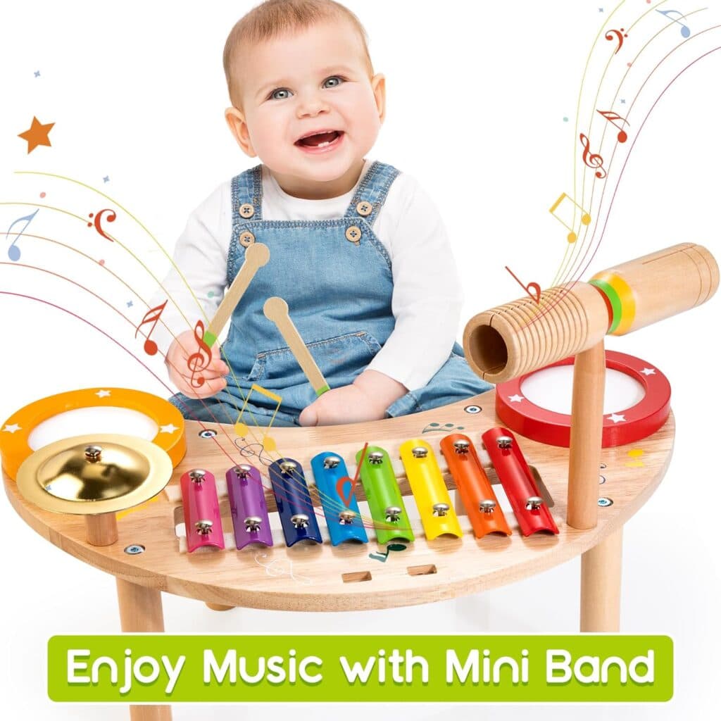 JUSTWOOD Baby Drum Set, Montessori Musical Instruments for Toddlers 1-3, All in 1 Wooden Percussion Xylophone Toddler Drum, Educational Sensory Musical Toys Birthday Gift for 3 Year Old Boys and Girls