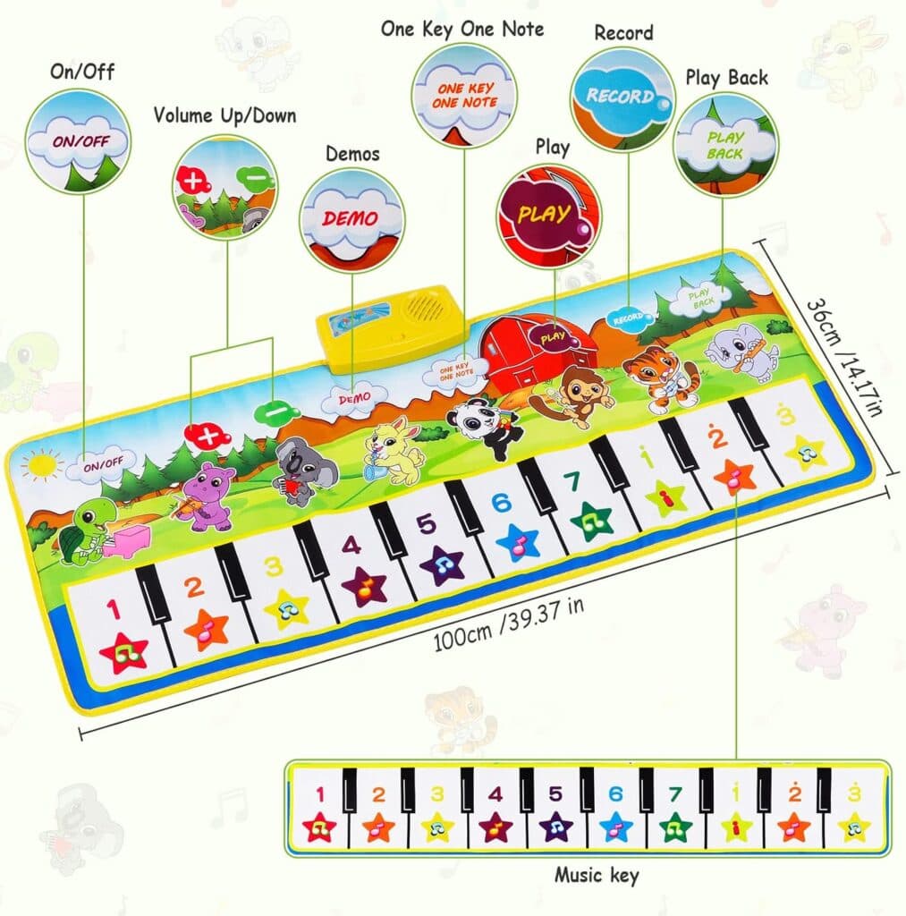 M SANMERSEN Piano Mat - Musical Keyboard Floor Playmat 39.5 Electronic Music Animal Touch Play Blanket Funny Xmas Gift Toy for 1 2 3 Year Old