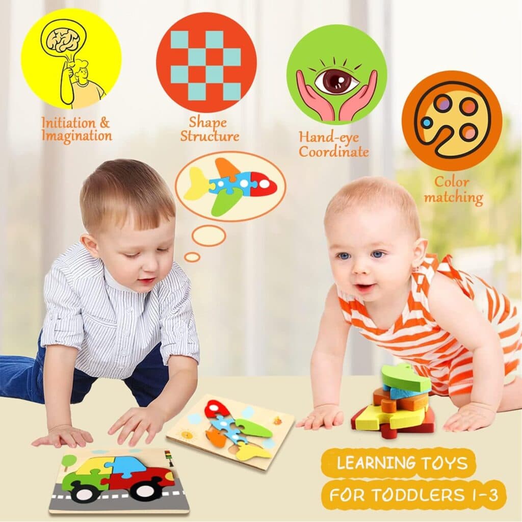 Montessori Toys for 1 2 3 Year Old Boys Girls Wooden Toddler Puzzles Kids Infant Baby Educational Learning Toys for Toddlers 1-3 Gifts 6 Animal Shape Jigsaw Eco Friendly Travel STEM Building Toy Games