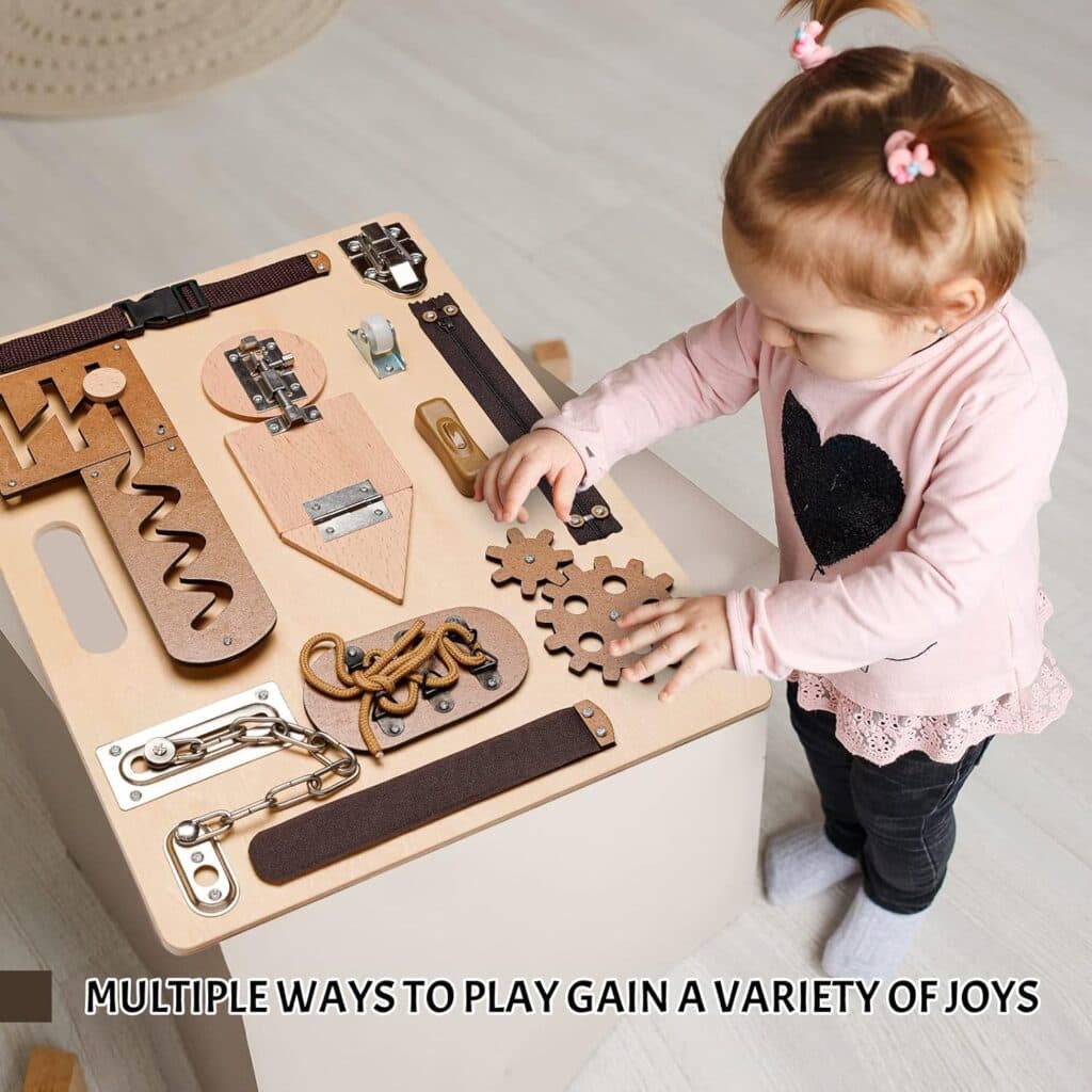 Montessori Busy Board for Toddlers, Wooden Sensory Toys, Preschool Learning Activities for Fine Motor Skills Travel Toy, Basic Life Skills Educational Gifts for 1 2 3 Years Old Kids Boys Girls