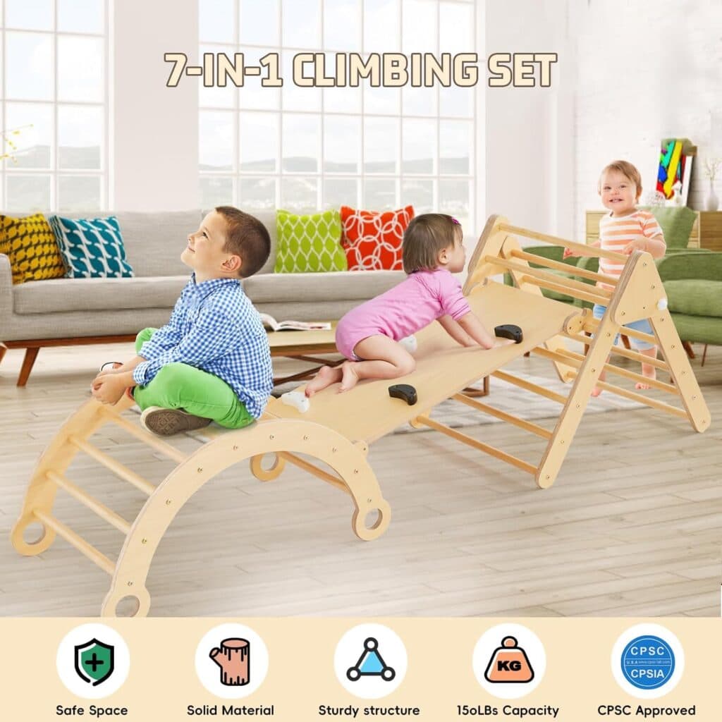 Asweets Pikler Triangle Set, 5 in 1 Foldable Montessori Climbing Set with Ramp, Baby Climbing Toys for Indoor Playground, Jungle Gym for Kids with Arch Climber, Rocker, Suitable for 3+ Toddlers