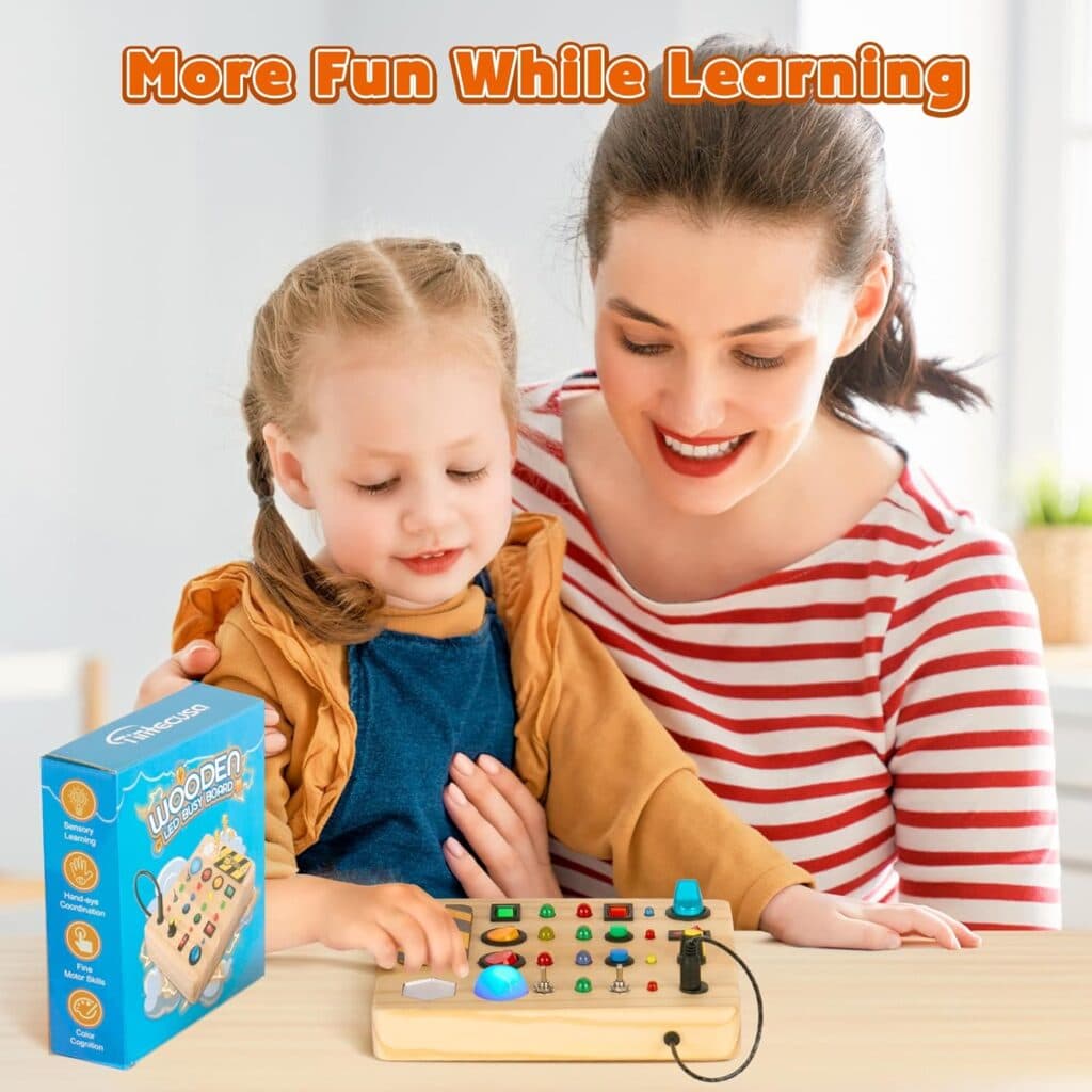 Busy Board Montessori Toys for Toddler, Wooden Sensory Board Switch Toy with Shape Sorter LED Light Up Toys Educational Plane Travel Activity for 1-6 Year Old Girls Boys