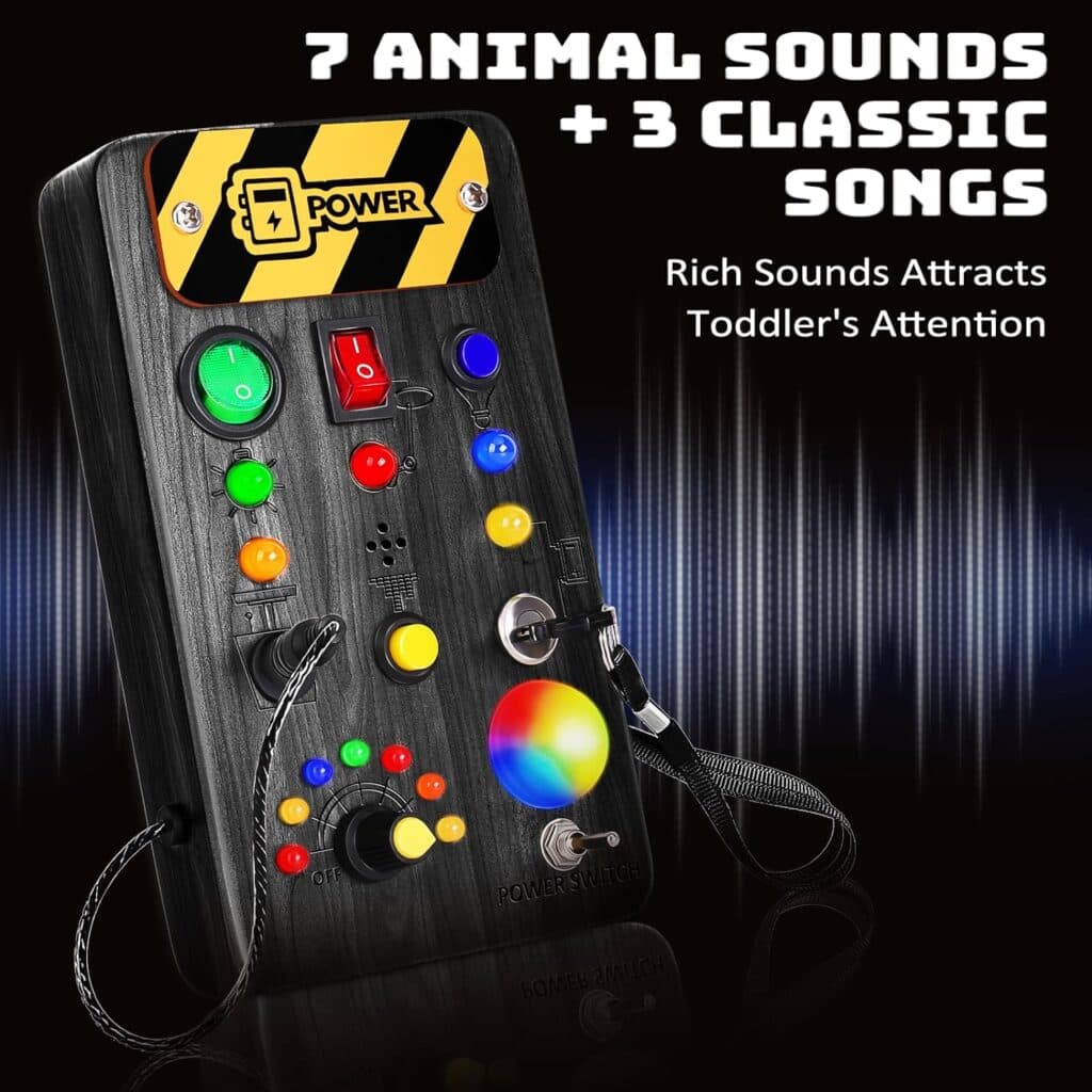 Busy Board Montessori Toys for Toddler, Wooden Sensory Board Switch Toy with Shape Sorter LED Light Up Toys Educational Plane Travel Activity for 1-6 Year Old Girls Boys