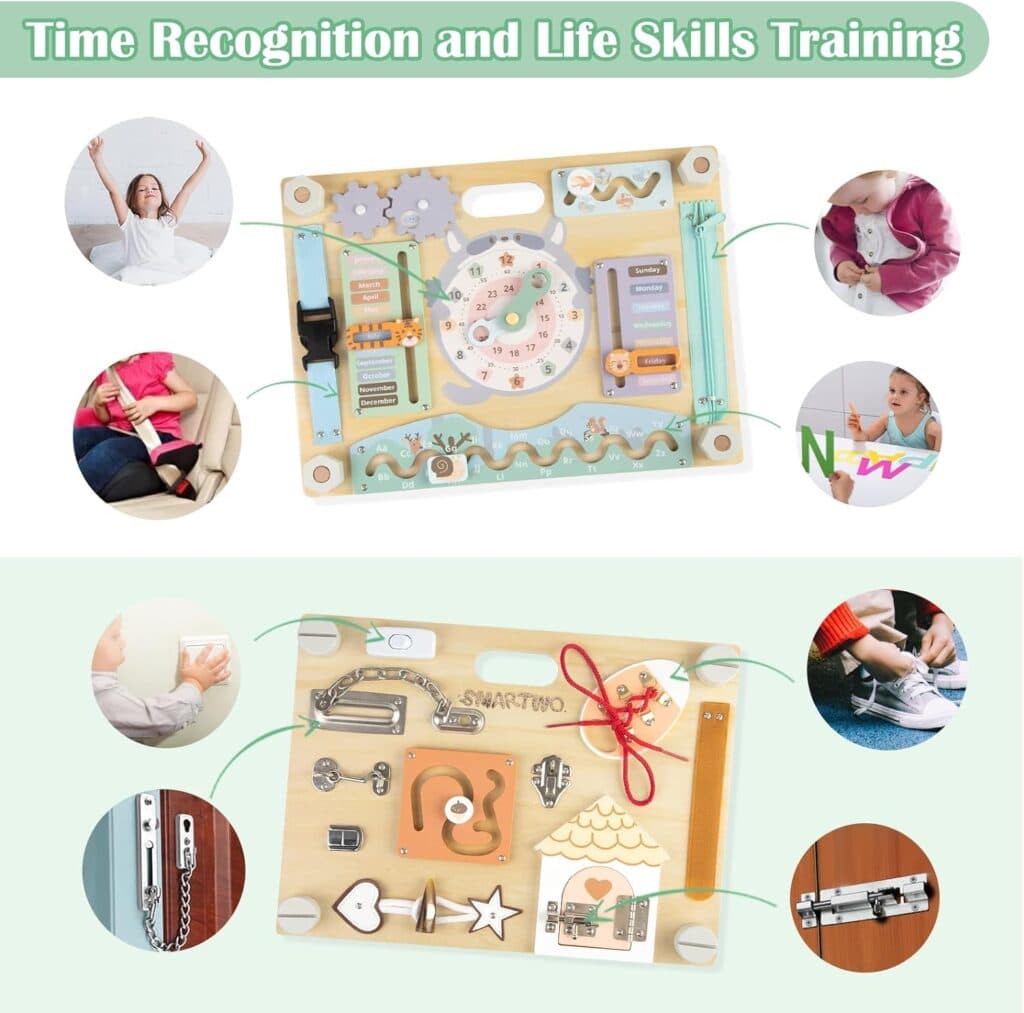 Double-Sided Montessori Busy Board for Toddlers Sensory Activities, Educational Wooden Toy for Kids Aging 2 to 5 Years Old, Ideal Choice for Baby Girls or Boys Birthday