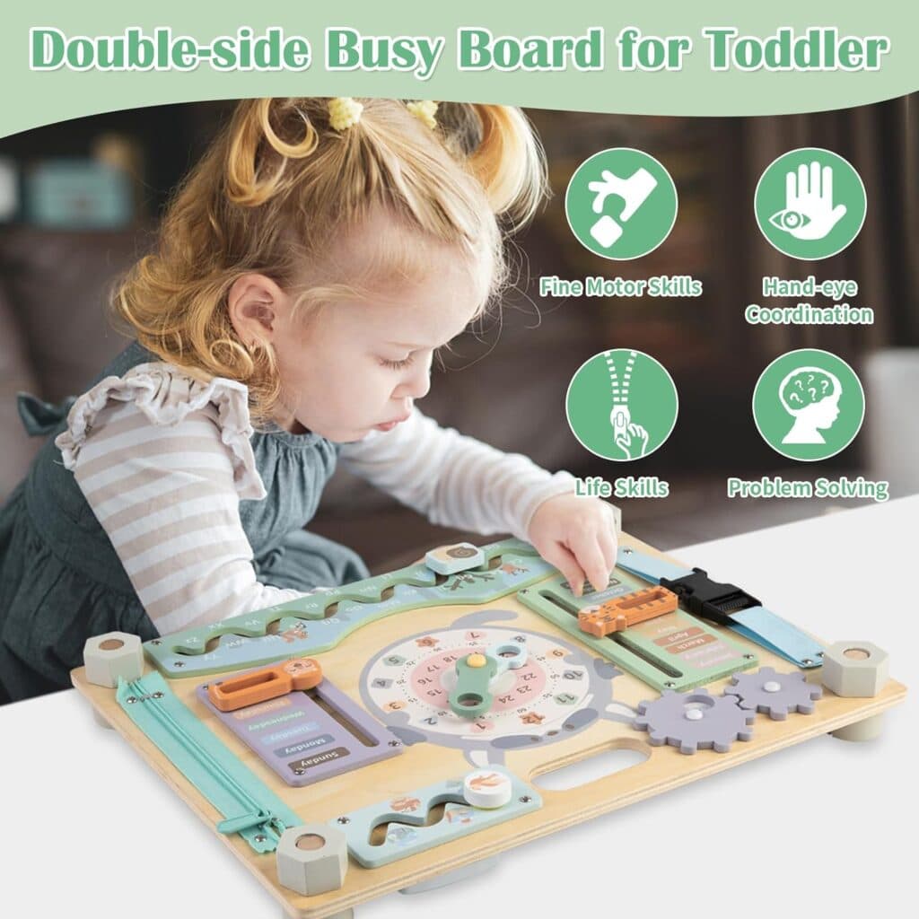 Double-Sided Montessori Busy Board for Toddlers Sensory Activities, Educational Wooden Toy for Kids Aging 2 to 5 Years Old, Ideal Choice for Baby Girls or Boys Birthday