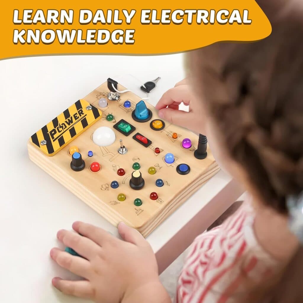 Joyreal Montessori Toddler Busy Board, 19 Led Wooden Sensory Board Educational Toys with 10 Switch Light Designs, Early Fine Activity Motor Skills Travel Toys for Toddlers Boys and Girls