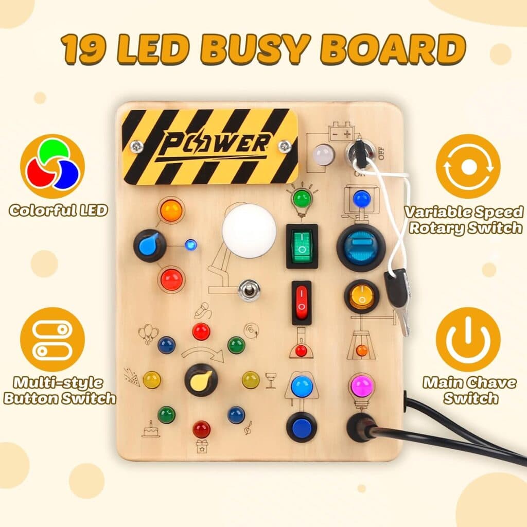 Joyreal Montessori Toddler Busy Board, 19 Led Wooden Sensory Board Educational Toys with 10 Switch Light Designs, Early Fine Activity Motor Skills Travel Toys for Toddlers Boys and Girls