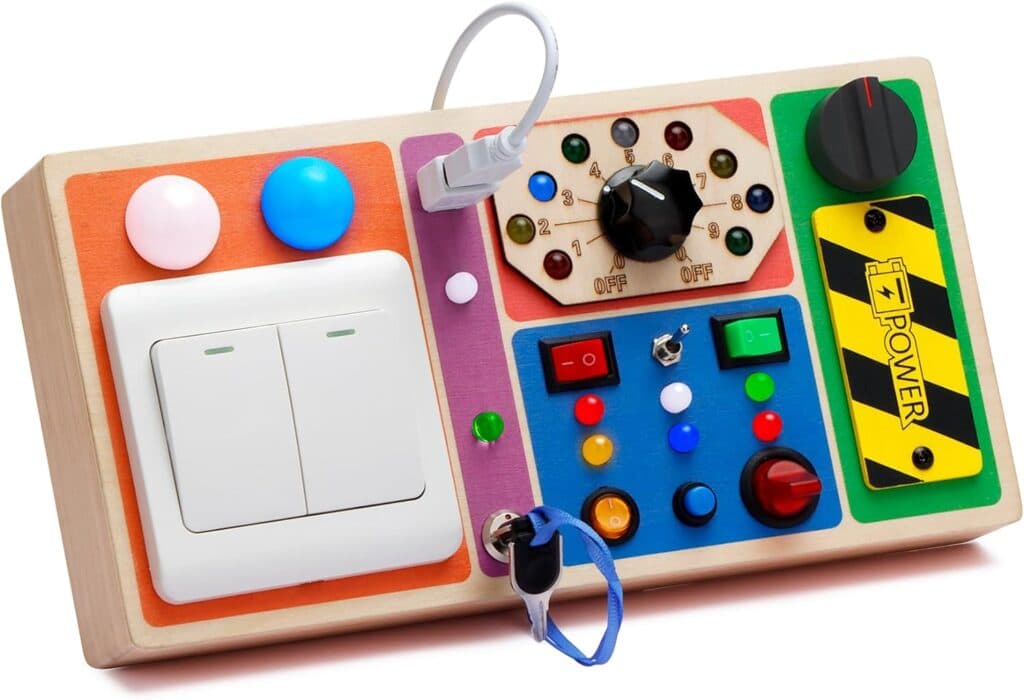 Montessori Busy Board, Baby Sensory Board for Toddlers 1 2 3 4 Year Old, Wooden Busy Board with 19 LED Light, Switch Toys, Toddler Button Toy, Christmas Birthday Gift for Toddler
