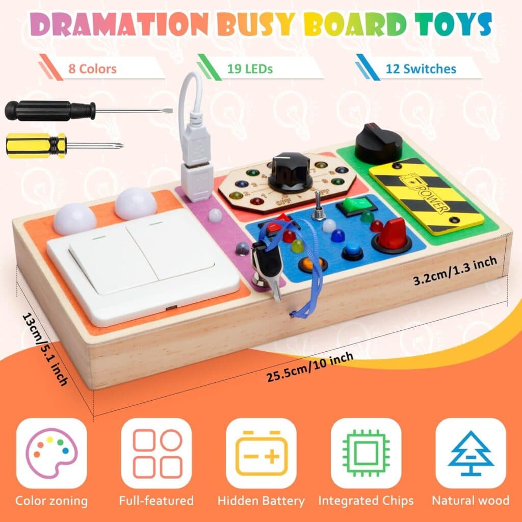 Montessori Busy Board, Baby Sensory Board for Toddlers 1 2 3 4 Year Old, Wooden Busy Board with 19 LED Light, Switch Toys, Toddler Button Toy, Christmas Birthday Gift for Toddler
