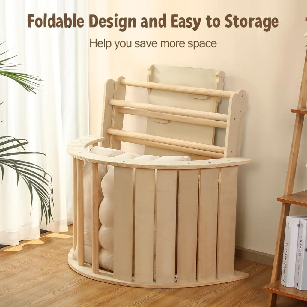 Pikler Triangle Set with Cushion, 5 in 1 Montessori Foldable Climbing Set, Climbing Indoor Playground Toys Set for Toddlers, Wooden Climbing Toys with Ramp and Arch Climber for Kids