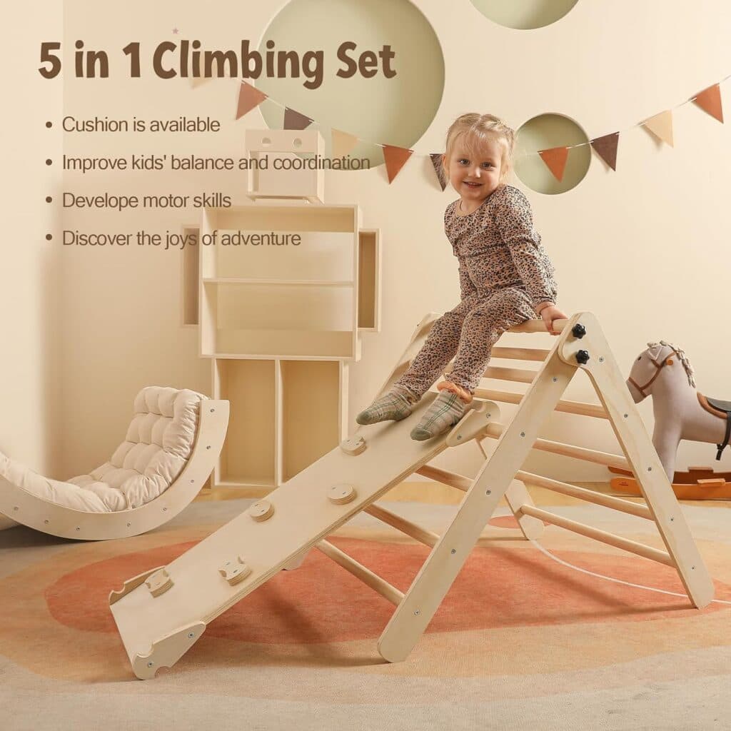 Pikler Triangle Set with Cushion, 5 in 1 Montessori Foldable Climbing Set, Climbing Indoor Playground Toys Set for Toddlers, Wooden Climbing Toys with Ramp and Arch Climber for Kids