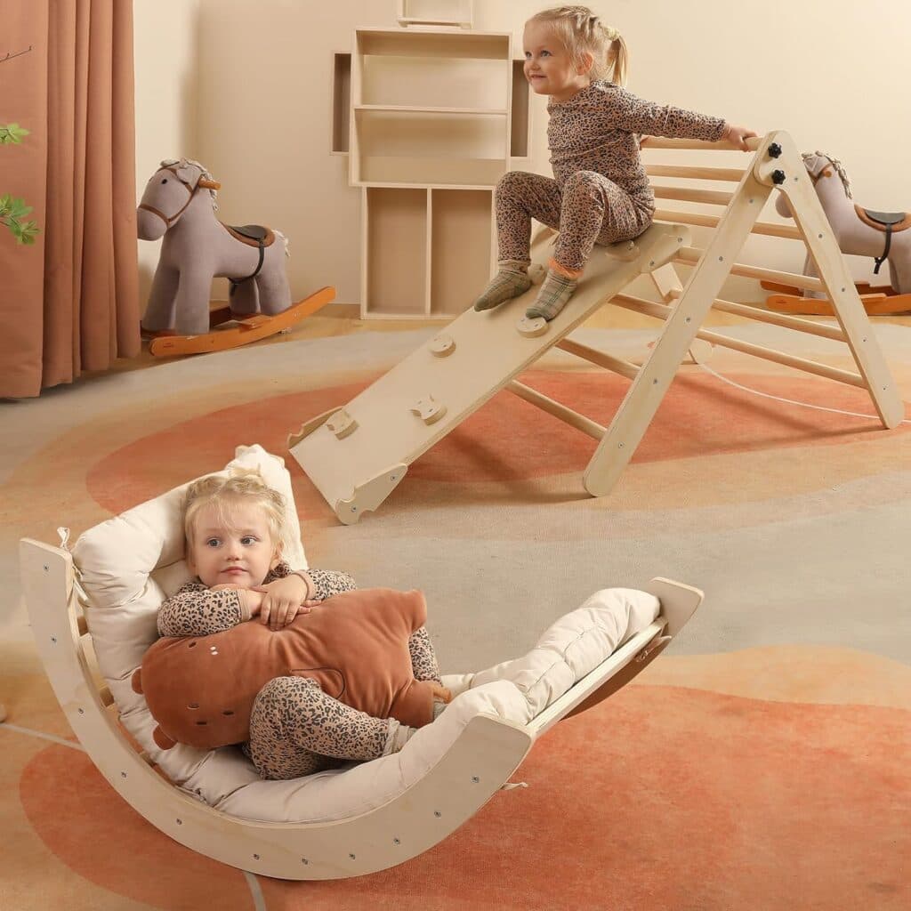 Pikler Triangle Set with Cushion, 5 in 1 Montessori Foldable Climbing Set, Climbing Indoor Playground Toys Set for Toddlers, Wooden Climbing Toys with Ramp and Arch Climber for Kids