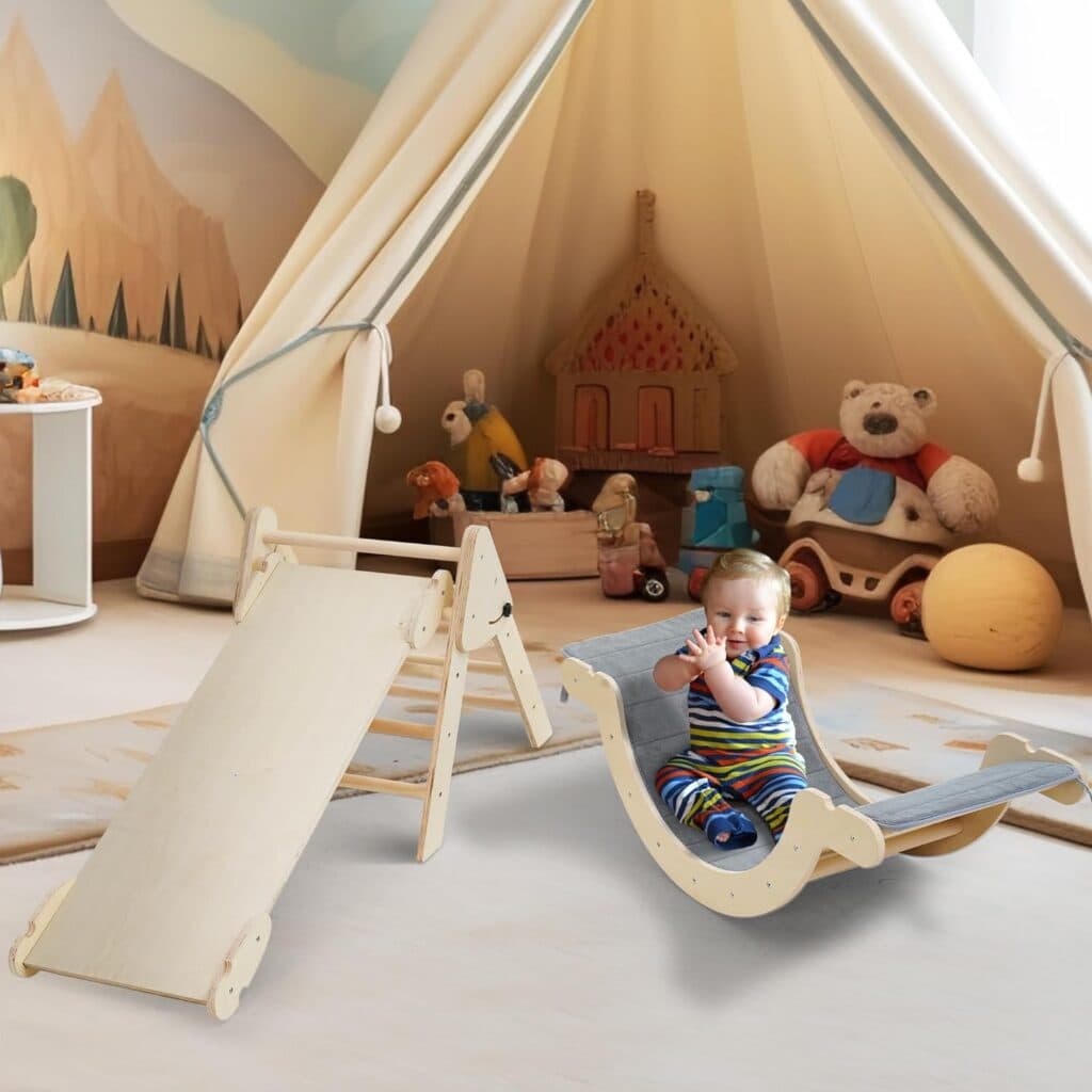 Pikler Triangle Set with Cushion, Arch and Slide, Toddler Climbing Toys Indoor Playground, Montessori Climbing Set, Indoor Jungle Gym, Wooden Pickler-3 Piece Climbing Gym for Kids 2-6yr