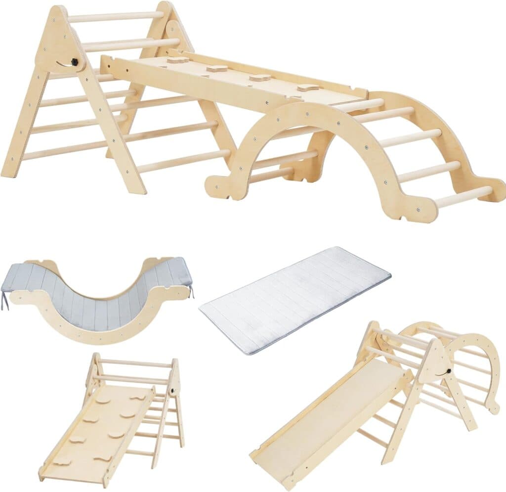 Pikler Triangle Set with Cushion, Arch and Slide, Toddler Climbing Toys Indoor Playground, Montessori Climbing Set, Indoor Jungle Gym, Wooden Pickler-3 Piece Climbing Gym for Kids 2-6yr
