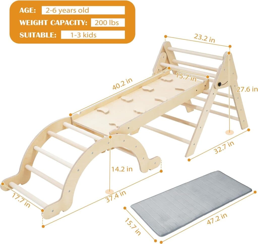Pikler Triangle Set with Cushion, Arch and Slide, Toddler Climbing Toys Indoor Playground, Montessori Climbing Set, Indoor Jungle Gym, Wooden Pickler-3 Piece Climbing Gym for Kids 2-6yr