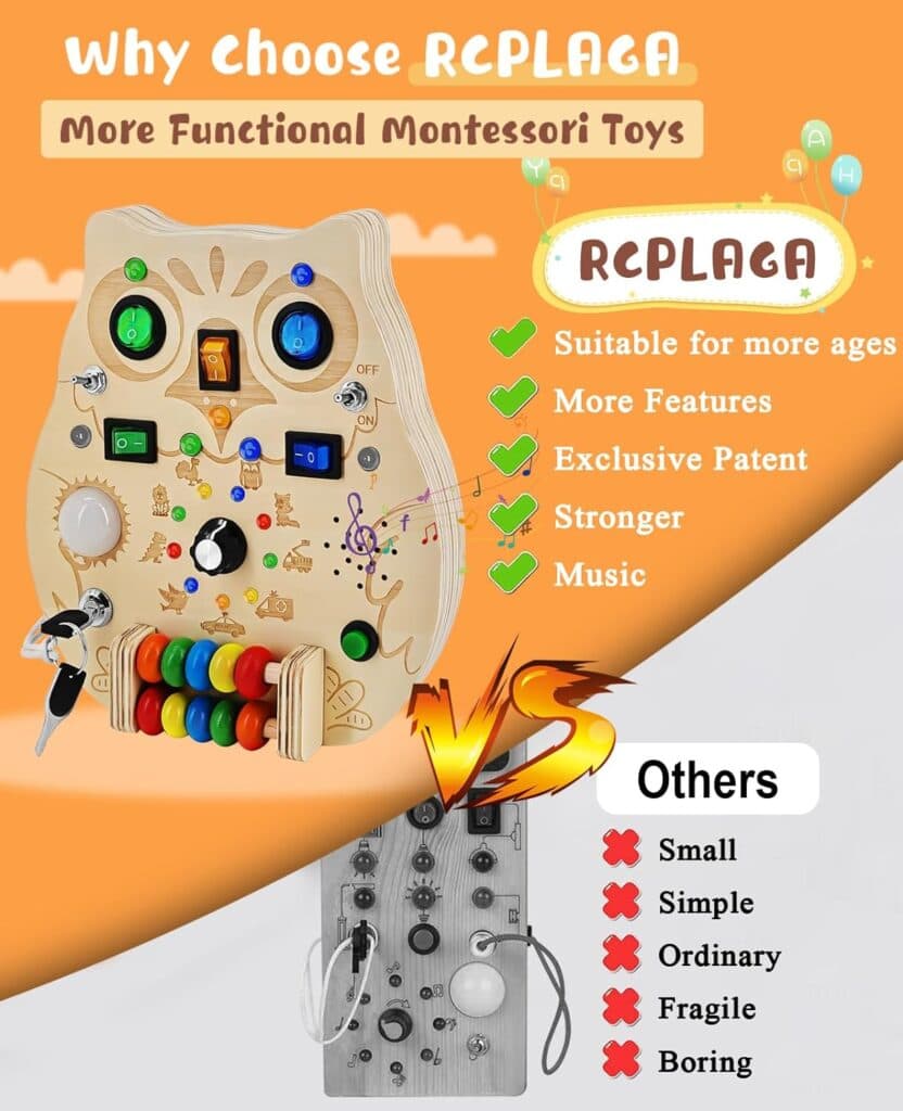 RCPLAGA Montessori Busy Board Toys - Wooden Sensory Toy with LED Light Switches, Music, Toddler Light Switch Toys Educational Activity Travel Toys for 1+ Year Old Baby and Toddler