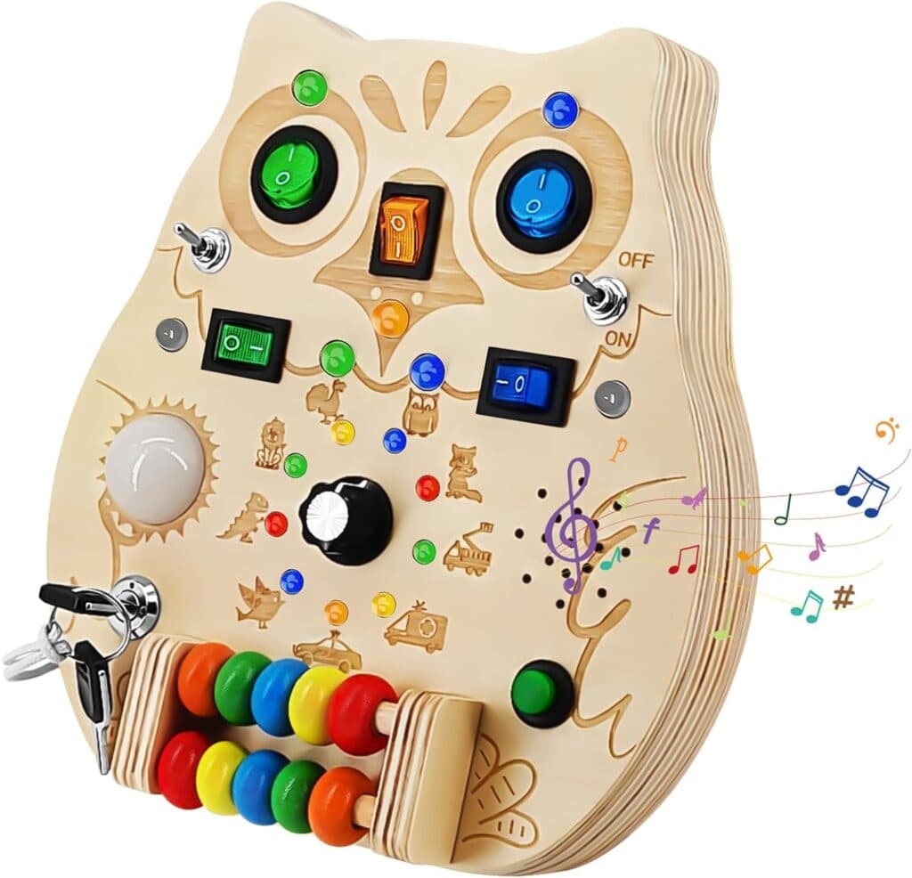 RCPLAGA Montessori Busy Board Toys - Wooden Sensory Toy with LED Light Switches, Music, Toddler Light Switch Toys Educational Activity Travel Toys for 1+ Year Old Baby and Toddler