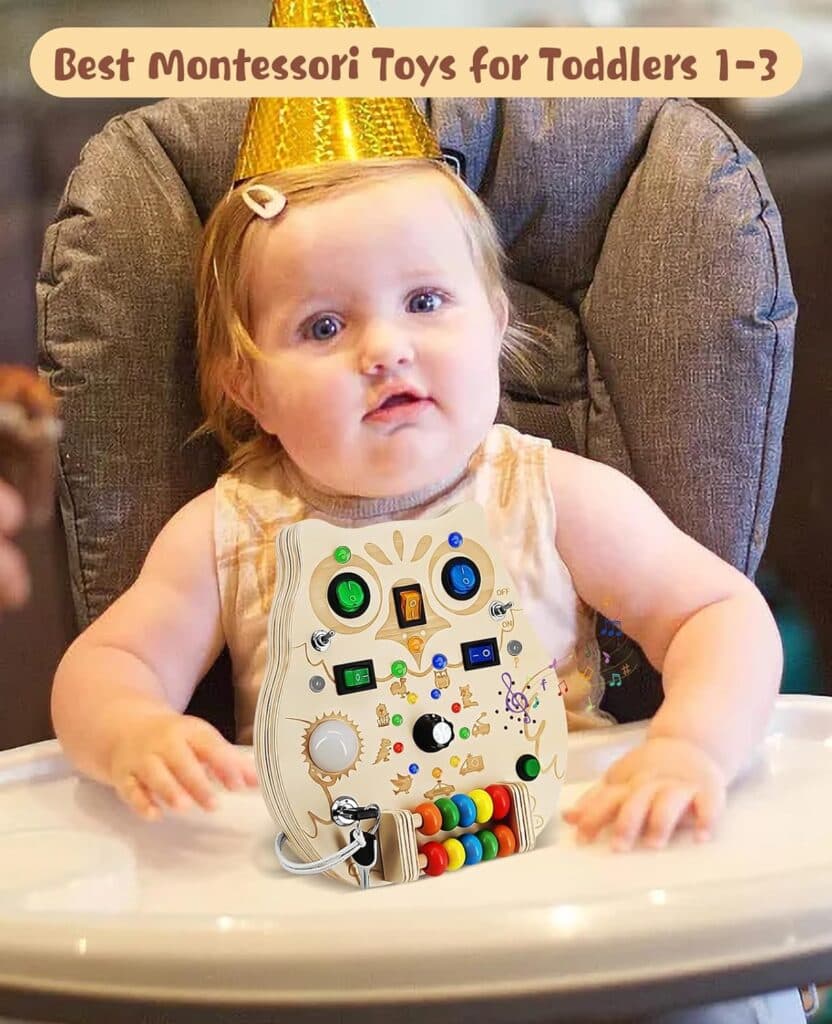 RCPLAGA Montessori Busy Board Toys - Wooden Sensory Toy with LED Light Switches, Music, Toddler Light Switch Toys Educational Activity Travel Toys for 1+ Year Old Baby and Toddler