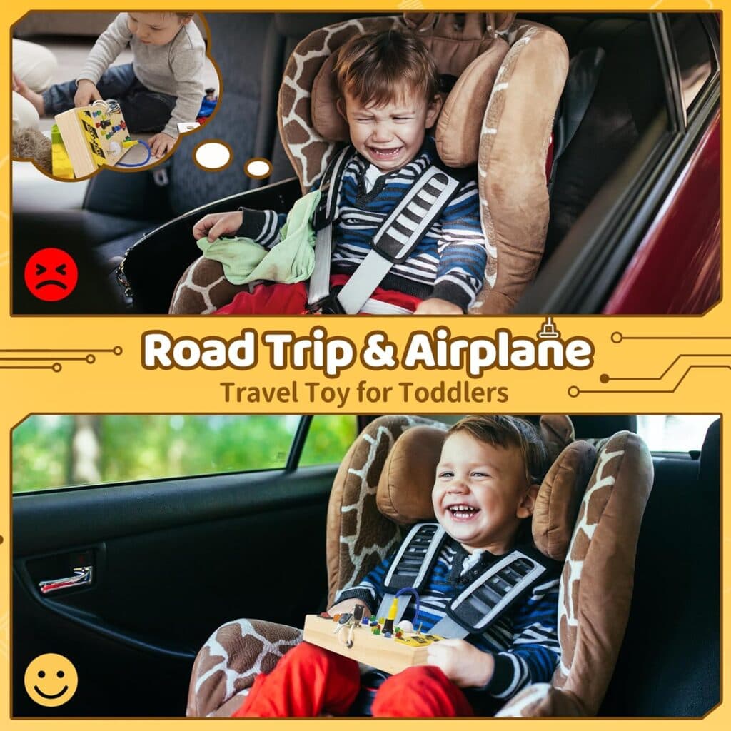 Toddler Busy Board, Montessori Toys for 1 2 3 4 Year Old, Wooden Sensory Toys with LED Light Switches, Preschool Learning Toddler Travel Toy for BoysGirls Gift(LED)