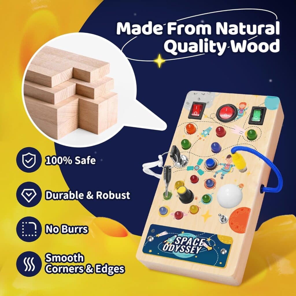 Toddler Busy Board, Montessori Toys for 1 2 3 4 Year Old, Wooden Sensory Toys with LED Light Switches, Preschool Learning Toddler Travel Toy for BoysGirls Gift(LED)