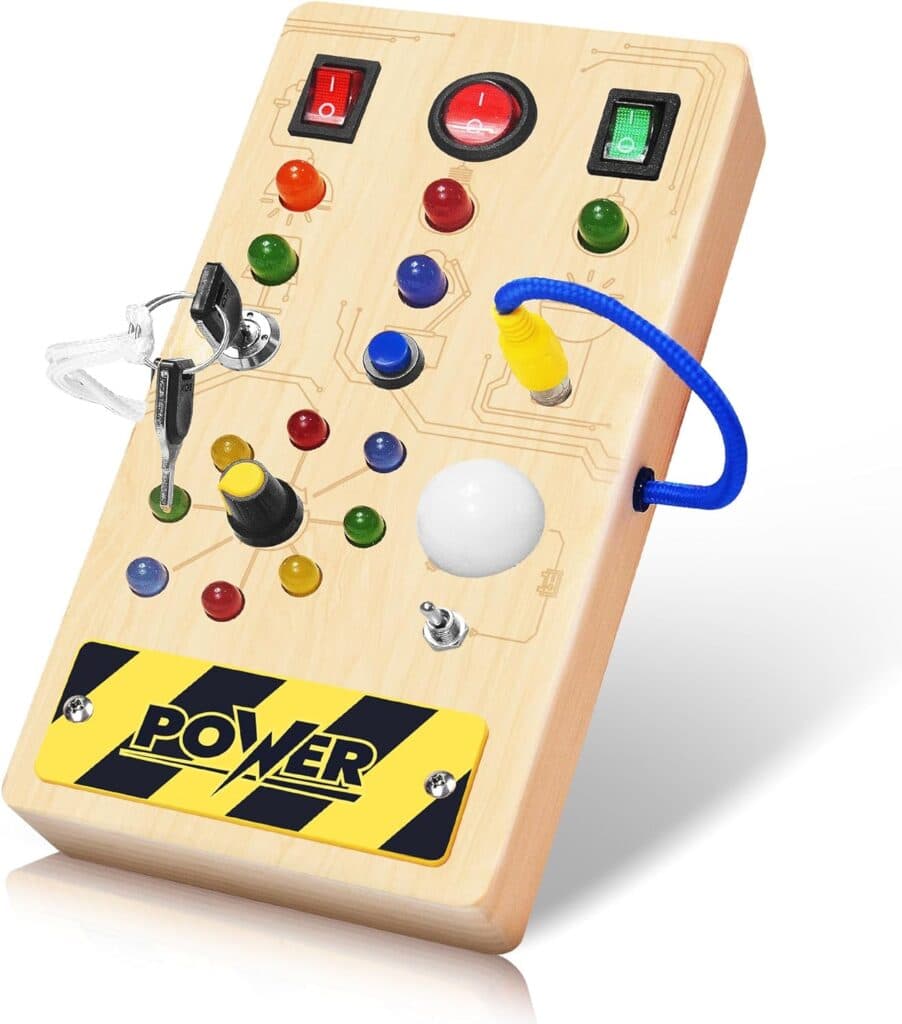 Toddler Busy Board, Montessori Toys for 1 2 3 4 Year Old, Wooden Sensory Toys with LED Light Switches, Preschool Learning Toddler Travel Toy for BoysGirls Gift(LED)