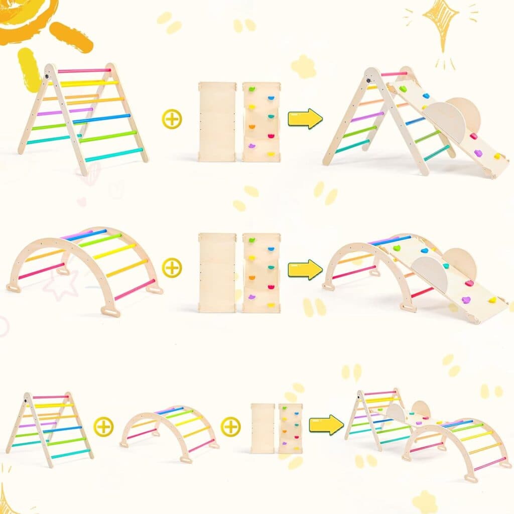 5 in 1 Pikler Triangle Set, Adjustable Height Climbing Toys for Toddlers 1-3 Inside, Foldable Climbing Toys Indoor Gym Wooden Montessori Climbing Set, Kids Toys with Ramp Sliding