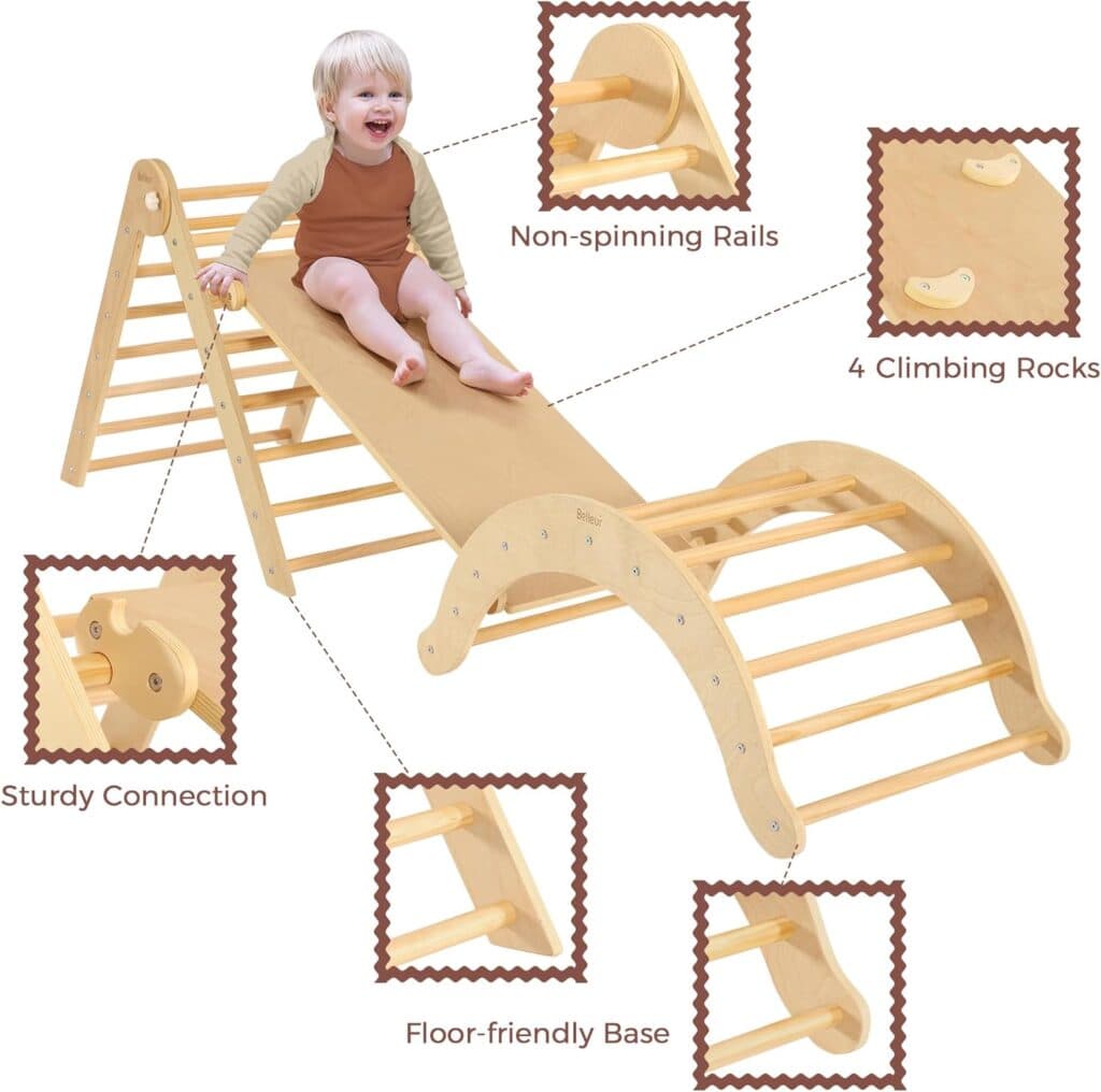 Belleur 7 in 1 Wooden Pikler Triangle Set, Toddler Climbing Toys for Indoor Outdoor with Ramp, Arch, Montessori Climbing Set for Toddler, Baby, Playground Jungle Gym for Kids 1-6 Years - Rainbow
