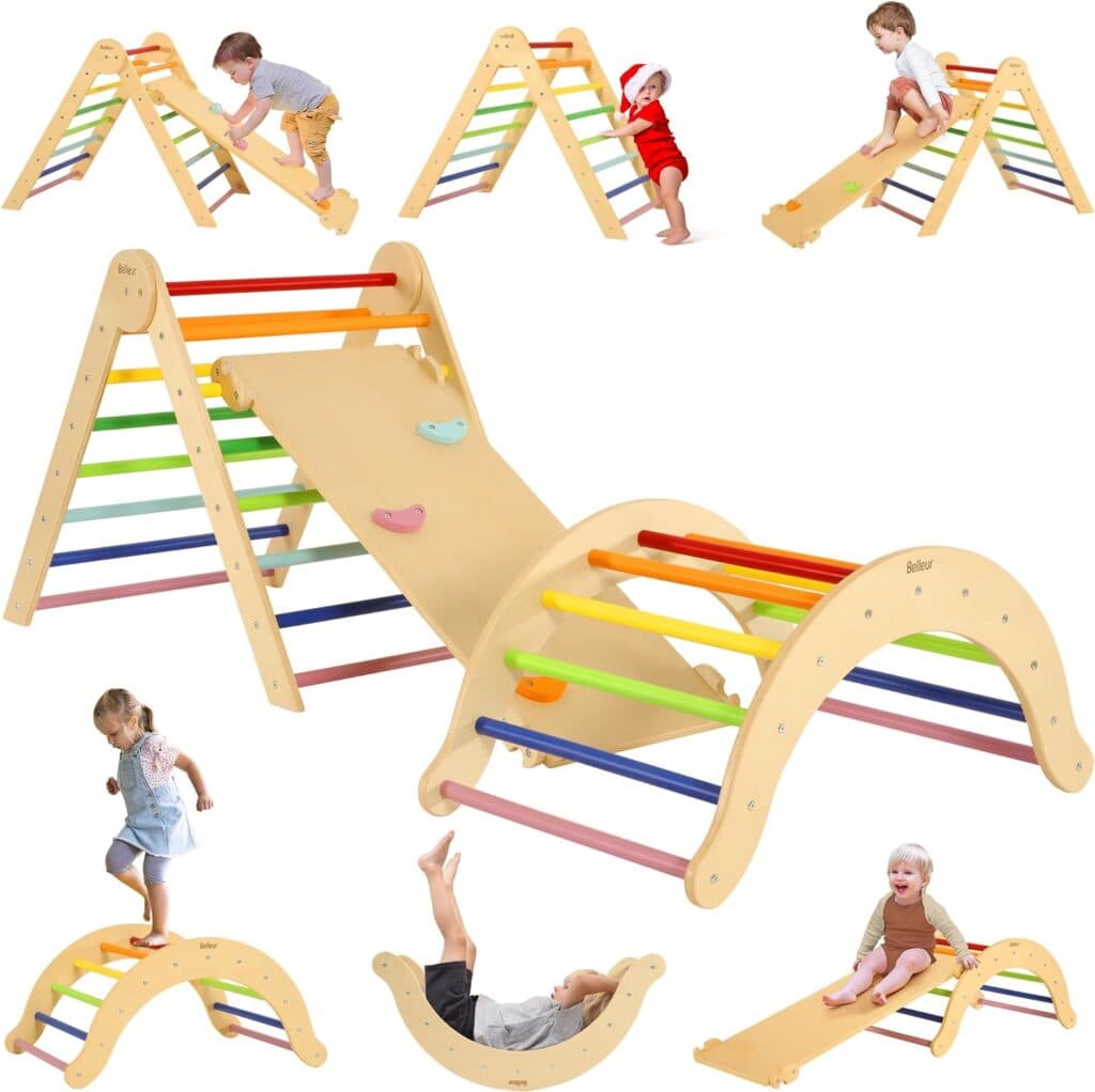 Belleur 7 in 1 Wooden Pikler Triangle Set, Toddler Climbing Toys for Indoor Outdoor with Ramp, Arch, Montessori Climbing Set for Toddler, Baby, Playground Jungle Gym for Kids 1-6 Years - Rainbow