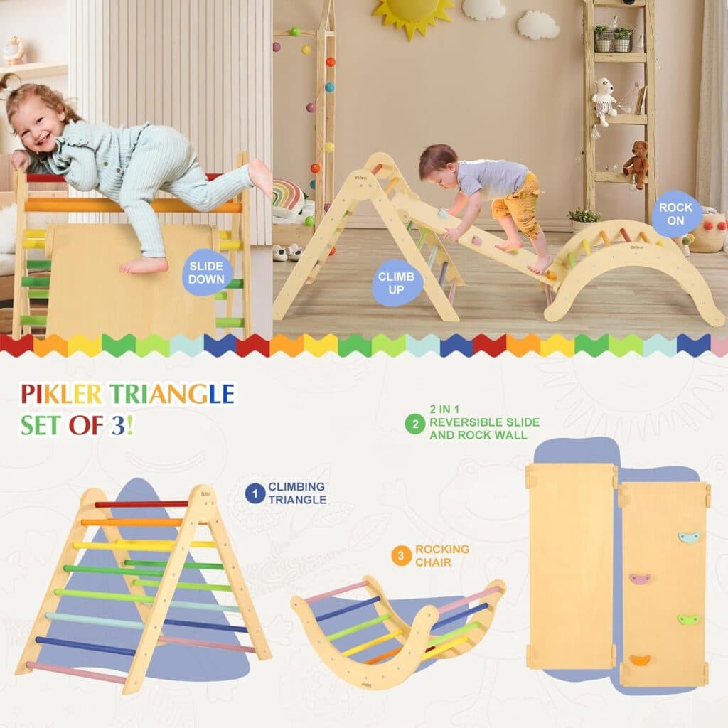 Belleur 7 in 1 Wooden Pikler Triangle Set, Toddler Climbing Toys for Indoor Outdoor with Ramp, Arch, Montessori Climbing Set for Toddler, Baby, Playground Jungle Gym for Kids 1-6 Years - Rainbow
