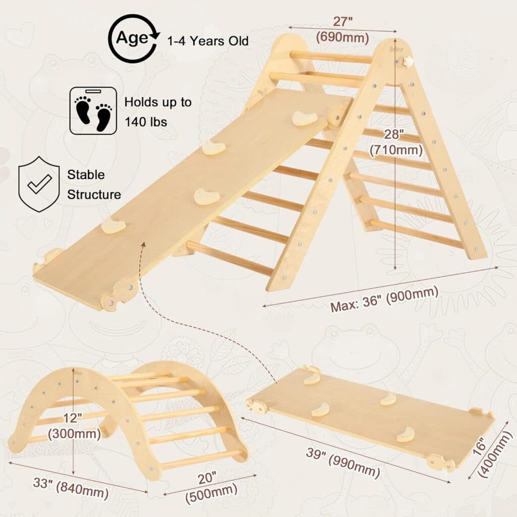 Belleur 7 in 1 Wooden Pikler Triangle Set, Toddler Climbing Toys for Indoor Outdoor with Ramp, Arch, Montessori Climbing Set for Toddler, Baby, Playground Jungle Gym for Kids 1-6 Years - Rainbow